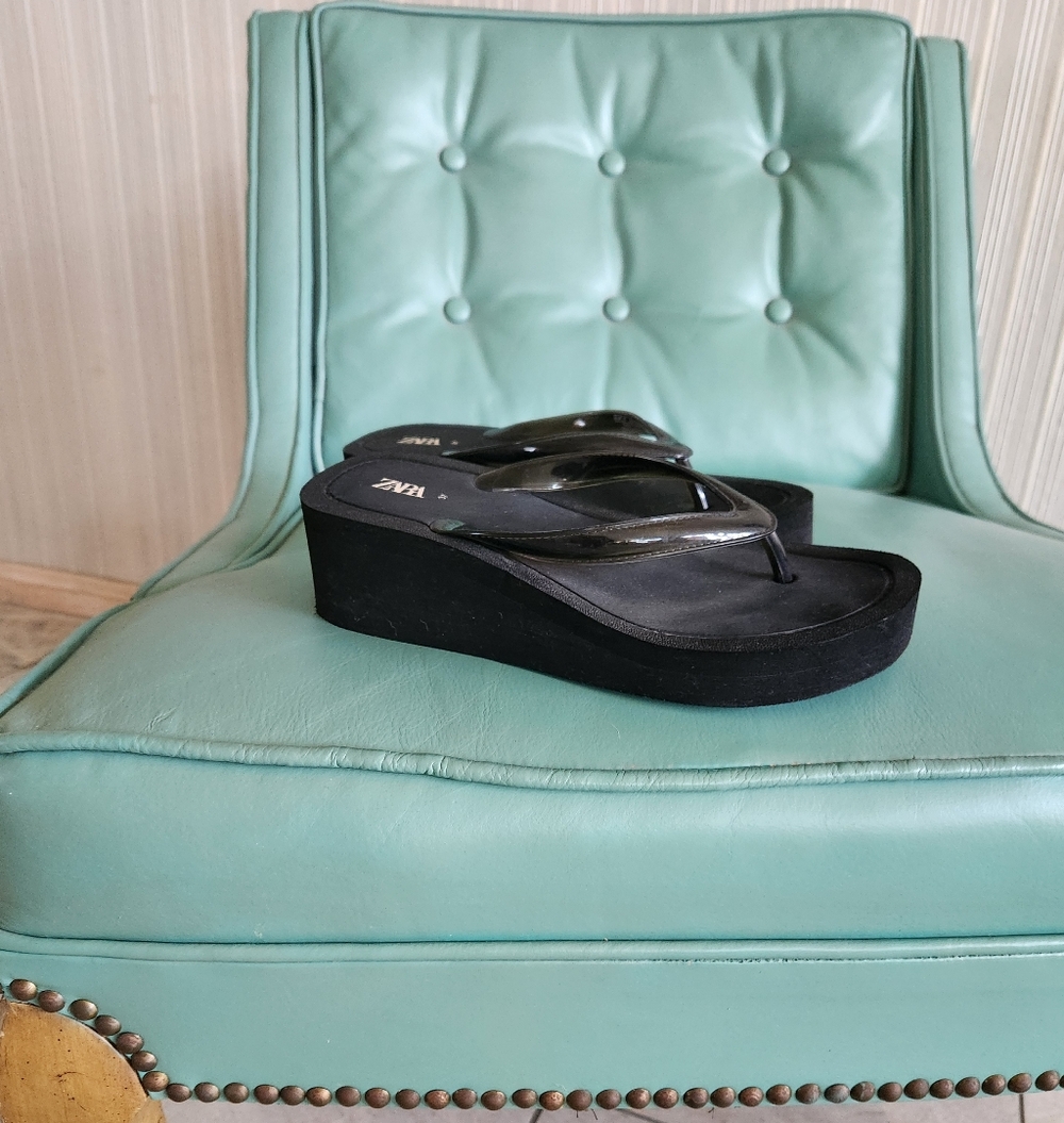 ZARA Platform Sandals Flip Flop Wedge Black 37 - Picture 6 of 11